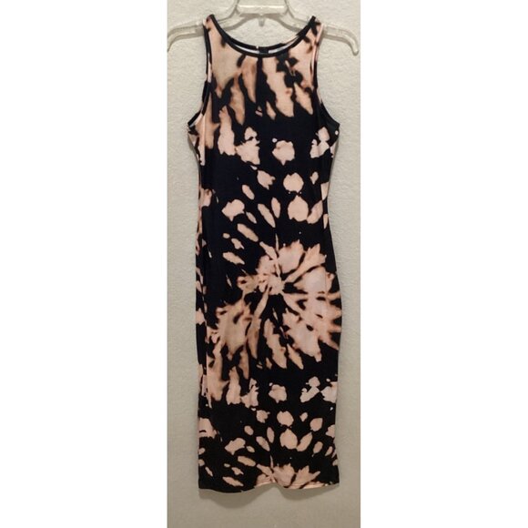 Sleeveless Black & Beige Tie-Dye Midi Bodycon Dress Size S - Picture 3 of 5
